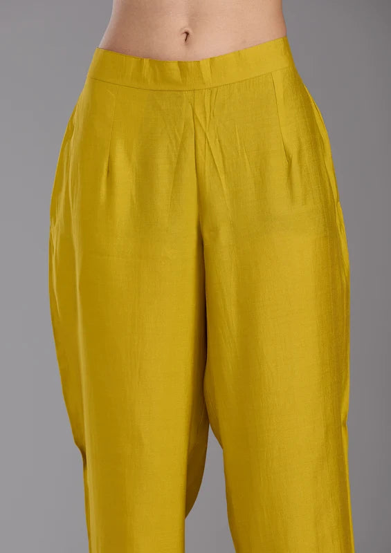 Mustard Yellow Chanderi Threadwork Straight Kurta With Pant Regular And Dupatta