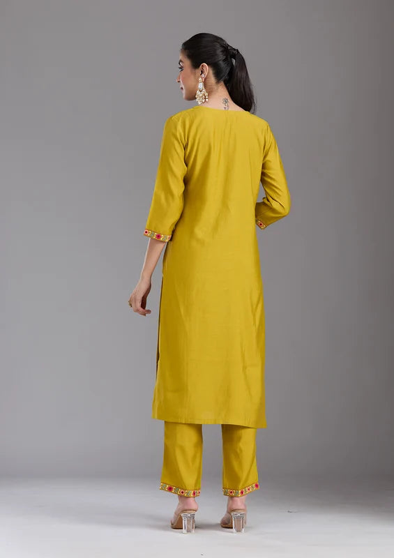 Mustard Yellow Chanderi Threadwork Straight Kurta With Pant Regular And Dupatta