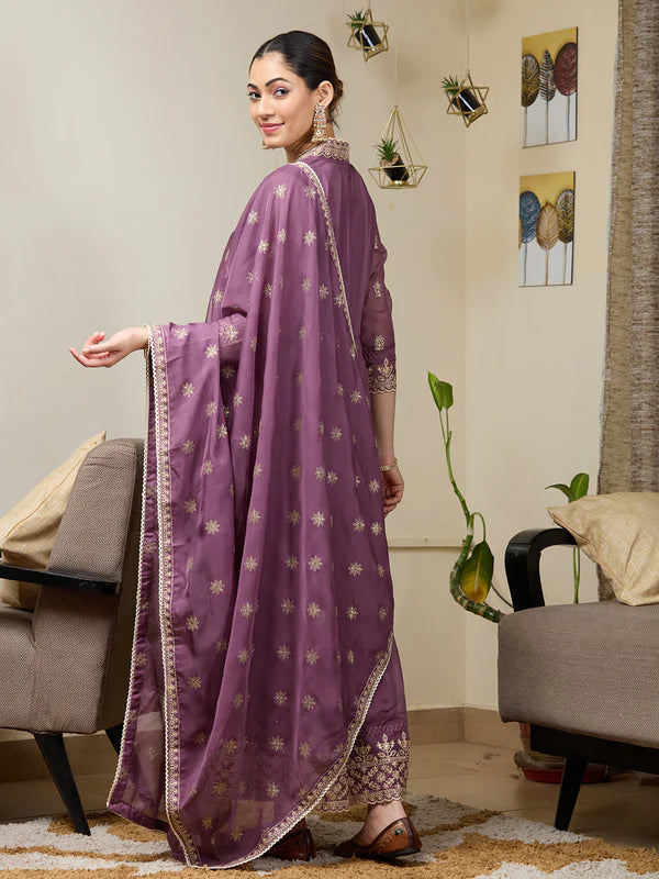 Mauve Zariwork (Gold) Organza Readymade Salwar Suit