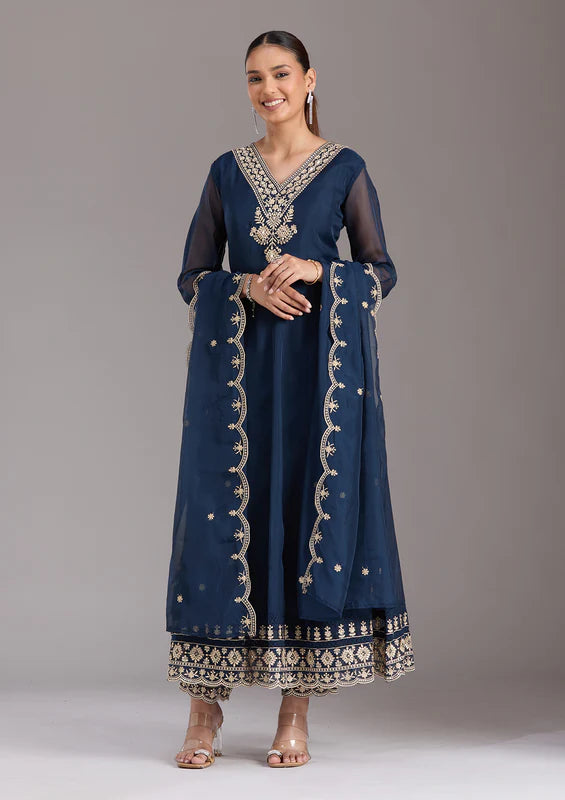 Navy Blue Zariwork (Gold) Organza Readymade Salwar Suit