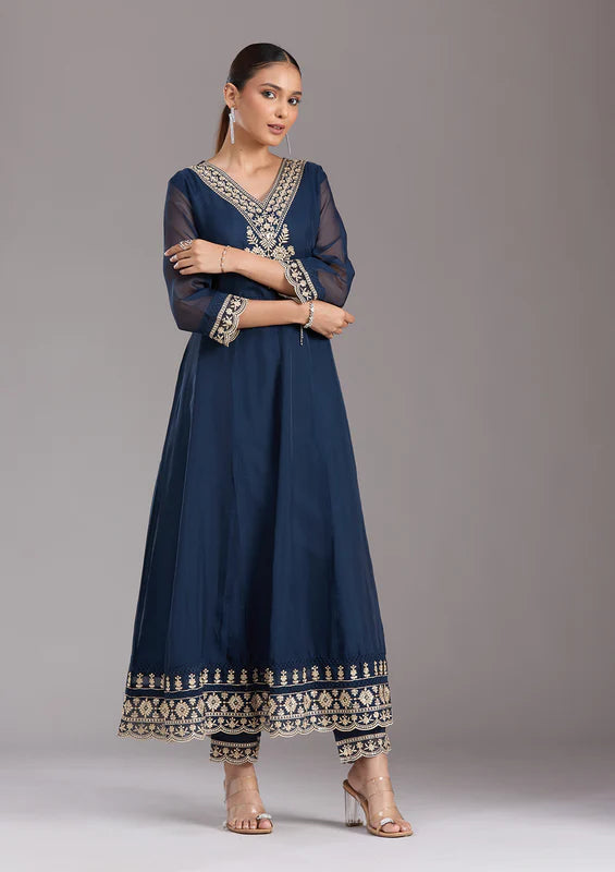 Navy Blue Zariwork (Gold) Organza Readymade Salwar Suit