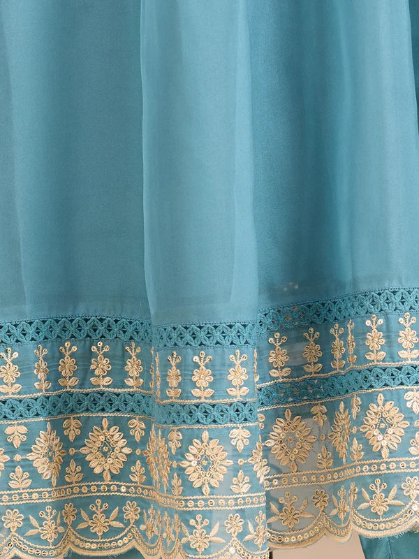 Off White Art Silk Cording A Line Kurta With Pant Regular And Dupatta
