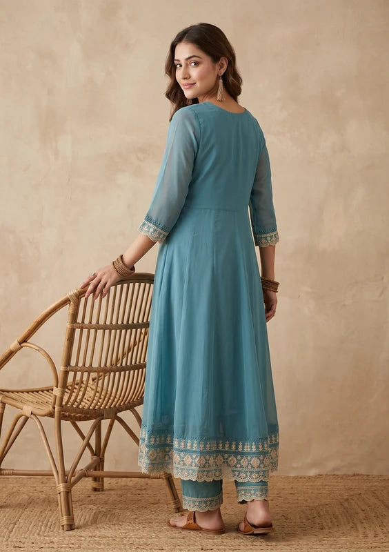 Off White Art Silk Cording A Line Kurta With Pant Regular And Dupatta