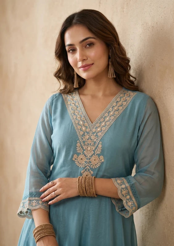 Off White Art Silk Cording A Line Kurta With Pant Regular And Dupatta