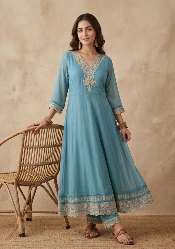Off White Art Silk Cording A Line Kurta With Pant Regular And Dupatta