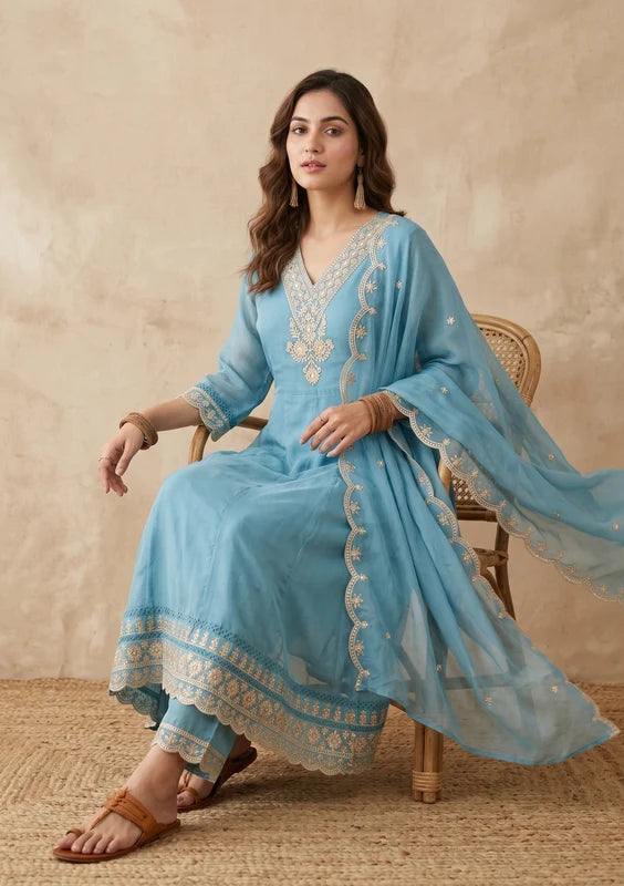 Off White Art Silk Cording A Line Kurta With Pant Regular And Dupatta