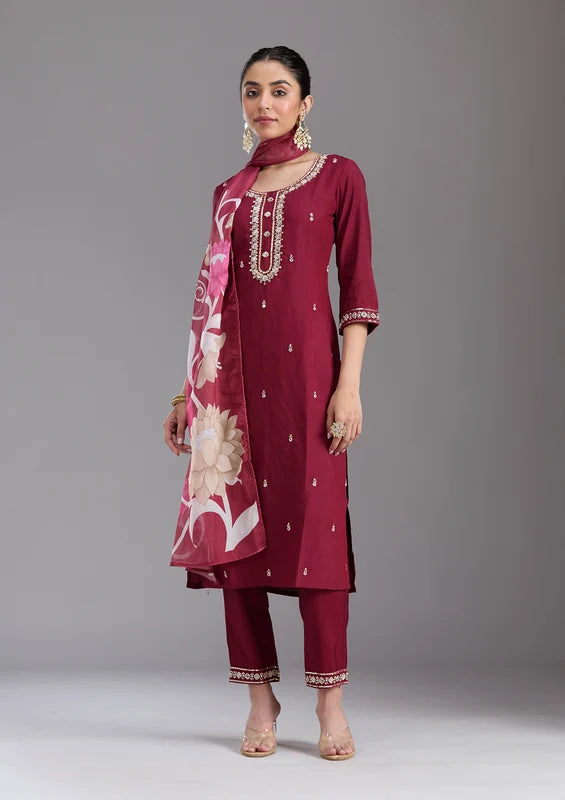 Maroon Chanderi Cutdana Straight Kurta With Regular Pant And Dupatta