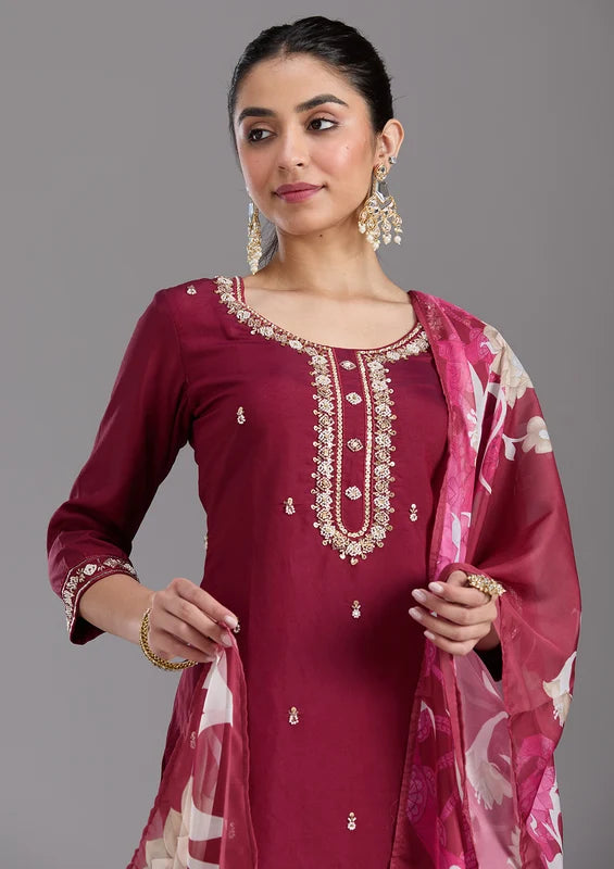 Maroon Chanderi Cutdana Straight Kurta With Regular Pant And Dupatta