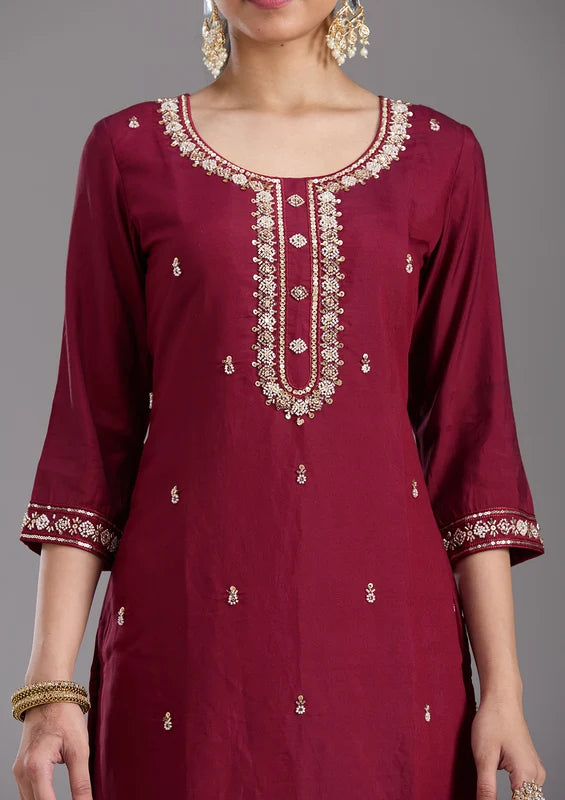Maroon Chanderi Cutdana Straight Kurta With Regular Pant And Dupatta