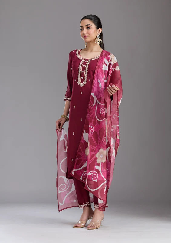 Maroon Chanderi Cutdana Straight Kurta With Regular Pant And Dupatta