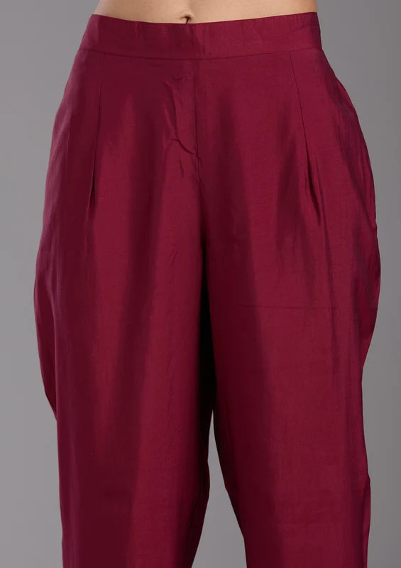 Maroon Chanderi Cutdana Straight Kurta With Regular Pant And Dupatta