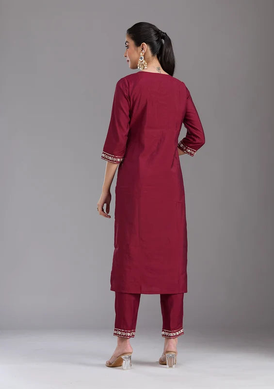 Maroon Chanderi Cutdana Straight Kurta With Regular Pant And Dupatta