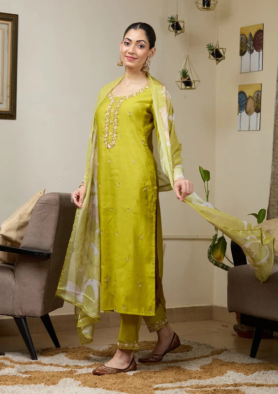 Parrot Green Chanderi Cutdana Straight Kurta With Regular Pant And Dupatta