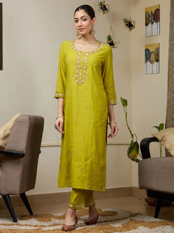 Parrot Green Chanderi Cutdana Straight Kurta With Regular Pant And Dupatta