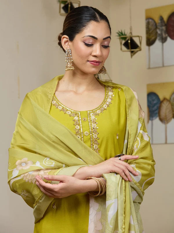 Parrot Green Chanderi Cutdana Straight Kurta With Regular Pant And Dupatta