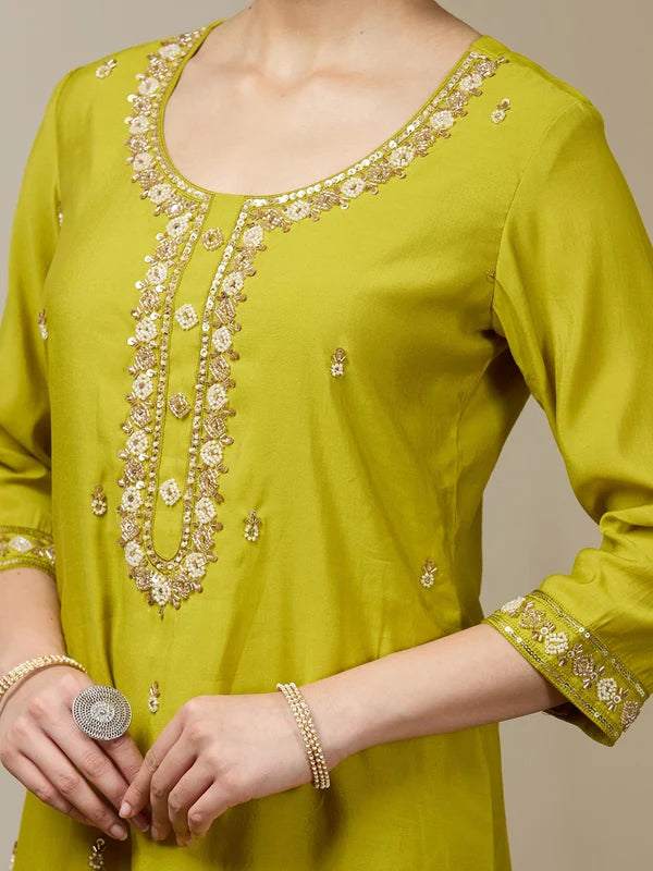 Parrot Green Chanderi Cutdana Straight Kurta With Regular Pant And Dupatta