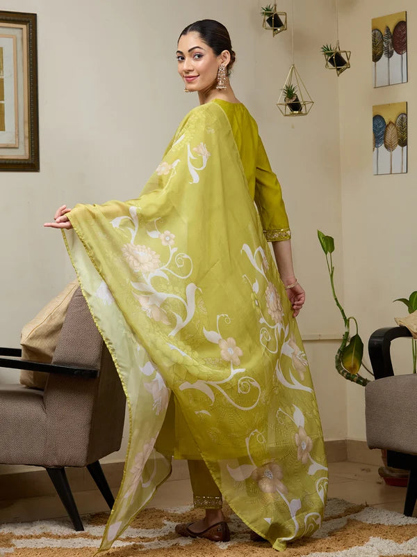 Parrot Green Chanderi Cutdana Straight Kurta With Regular Pant And Dupatta