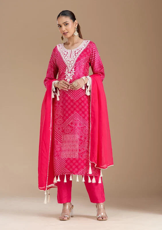 Rani Pink Crepe Bandhej Threadwork Straight Kurta With Pant Regular And Dupatta
