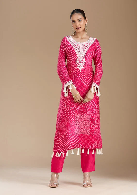 Rani Pink Crepe Bandhej Threadwork Straight Kurta With Pant Regular And Dupatta
