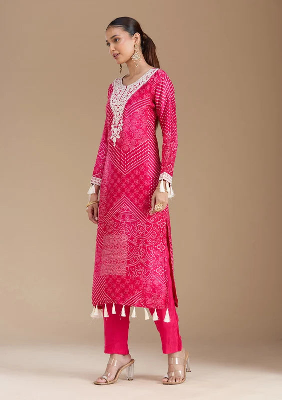 Rani Pink Crepe Bandhej Threadwork Straight Kurta With Pant Regular And Dupatta