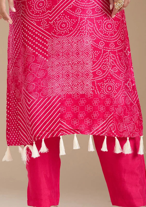 Rani Pink Crepe Bandhej Threadwork Straight Kurta With Pant Regular And Dupatta