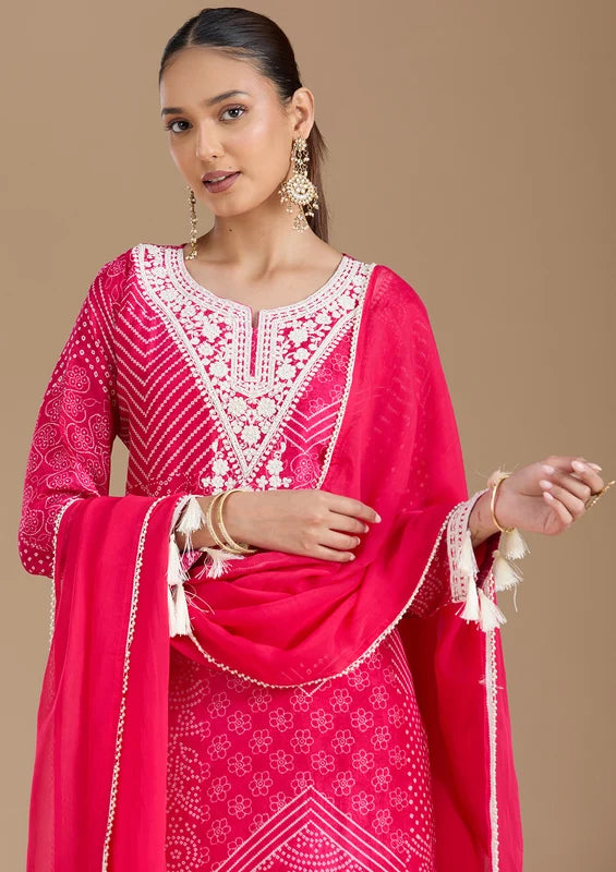 Rani Pink Crepe Bandhej Threadwork Straight Kurta With Pant Regular And Dupatta