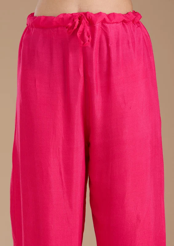 Rani Pink Crepe Bandhej Threadwork Straight Kurta With Pant Regular And Dupatta