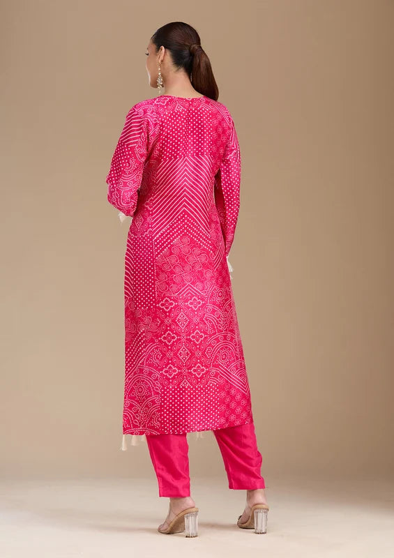Rani Pink Crepe Bandhej Threadwork Straight Kurta With Pant Regular And Dupatta