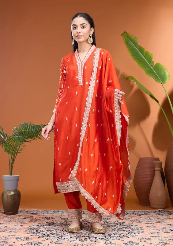 Rust Soft Raw Silk Gold Zariwork Straight Kurta With Pant Regular And Dupatta