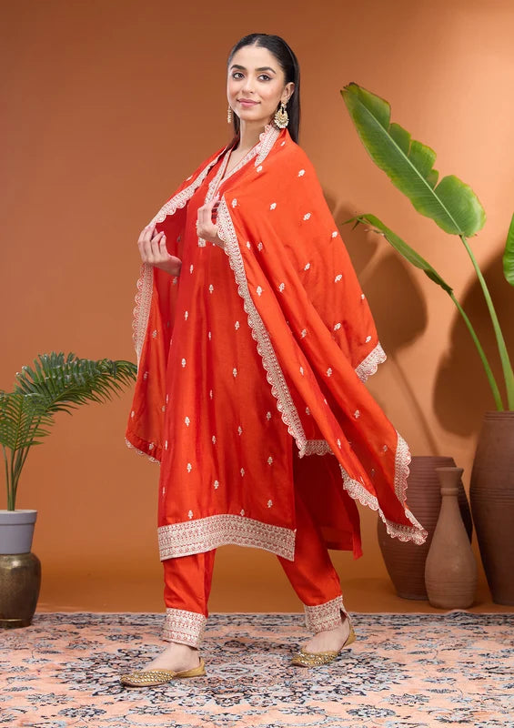 Rust Soft Raw Silk Gold Zariwork Straight Kurta With Pant Regular And Dupatta