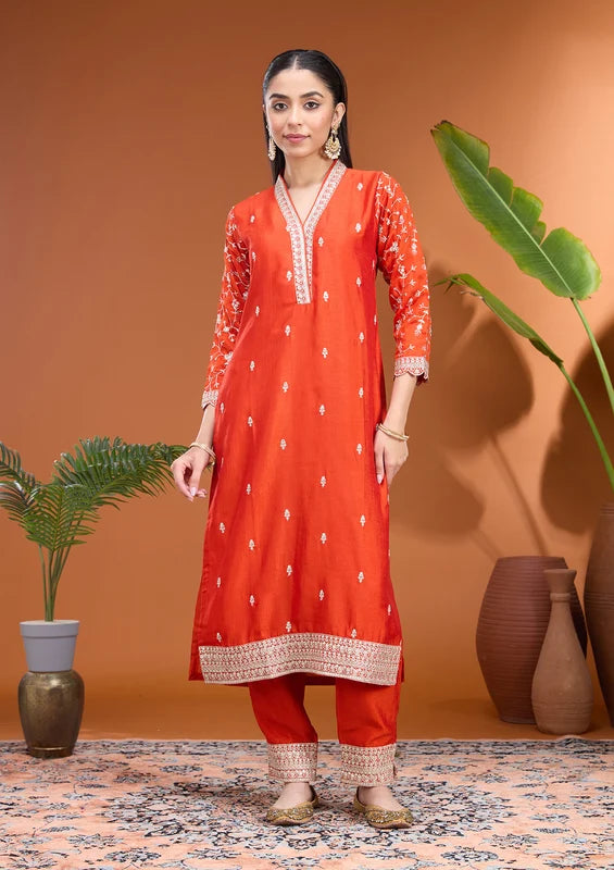 Rust Soft Raw Silk Gold Zariwork Straight Kurta With Pant Regular And Dupatta