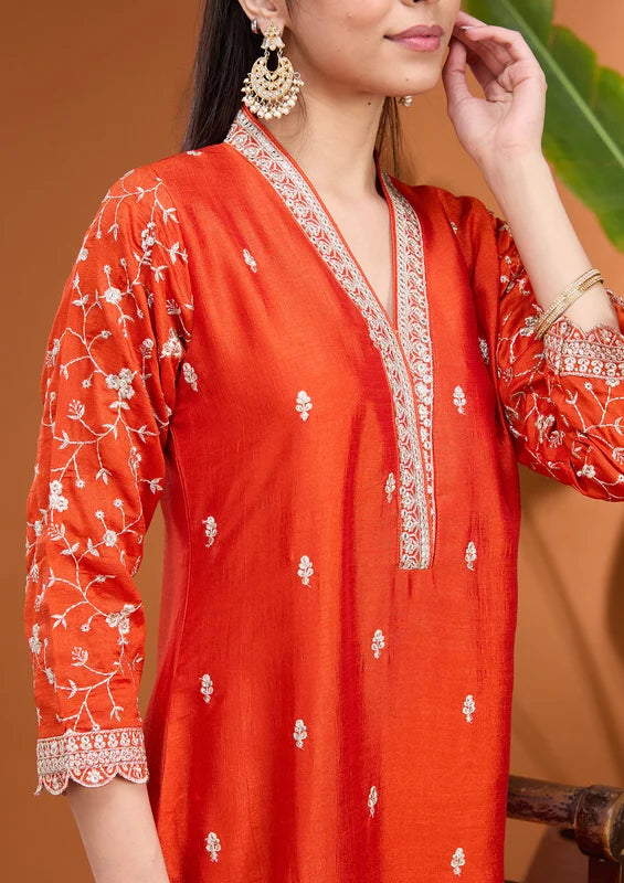 Rust Soft Raw Silk Gold Zariwork Straight Kurta With Pant Regular And Dupatta
