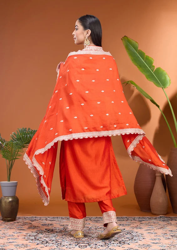 Rust Soft Raw Silk Gold Zariwork Straight Kurta With Pant Regular And Dupatta