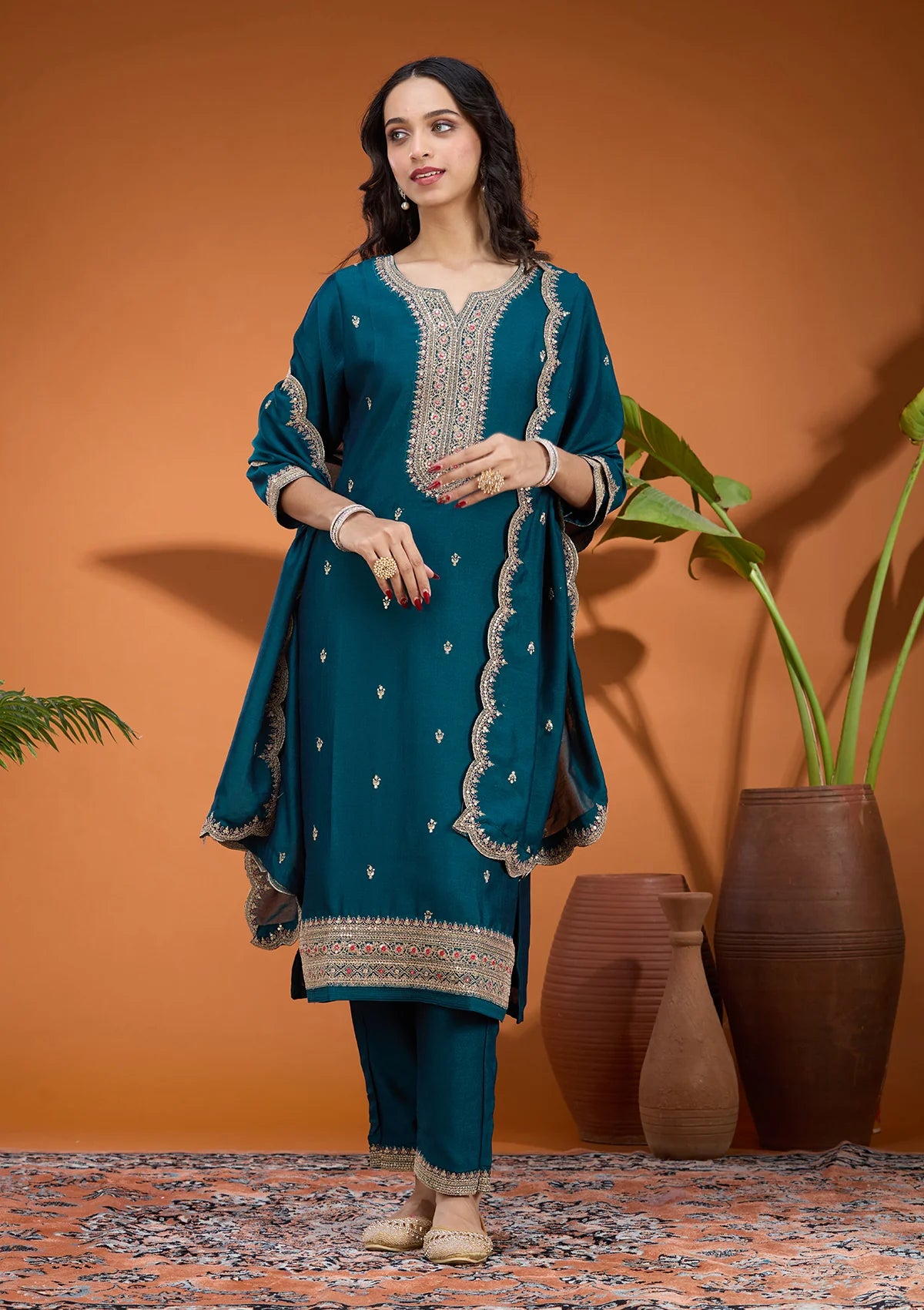 Teal Green Soft Raw Silk Gold Zariwork Straight Kurta With Pant Regular And Dupatta