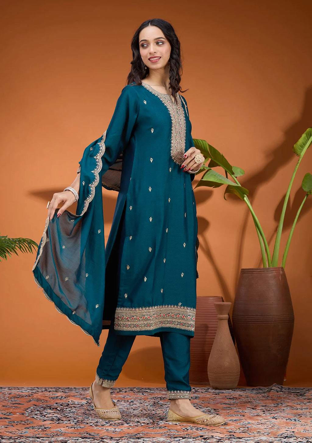 Teal Green Soft Raw Silk Gold Zariwork Straight Kurta With Pant Regular And Dupatta