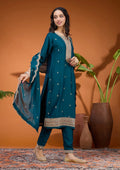 Teal Green Soft Raw Silk Gold Zariwork Straight Kurta With Pant Regular And Dupatta
