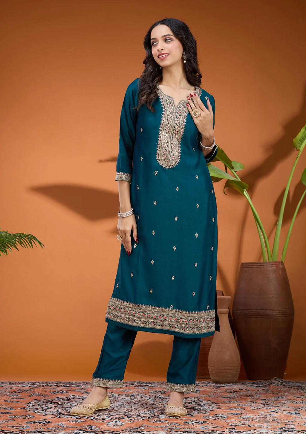 Teal Green Soft Raw Silk Gold Zariwork Straight Kurta With Pant Regular And Dupatta
