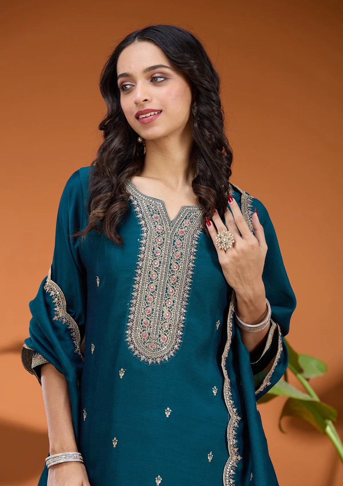 Teal Green Soft Raw Silk Gold Zariwork Straight Kurta With Pant Regular And Dupatta