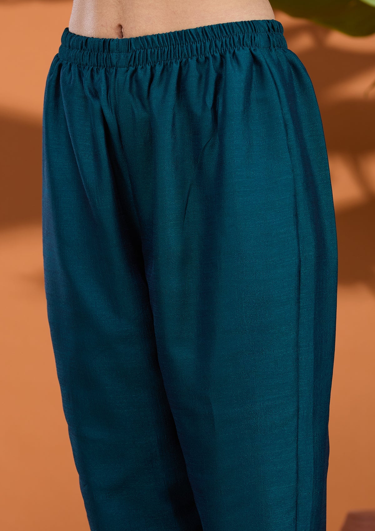 Teal Green Soft Raw Silk Gold Zariwork Straight Kurta With Pant Regular And Dupatta
