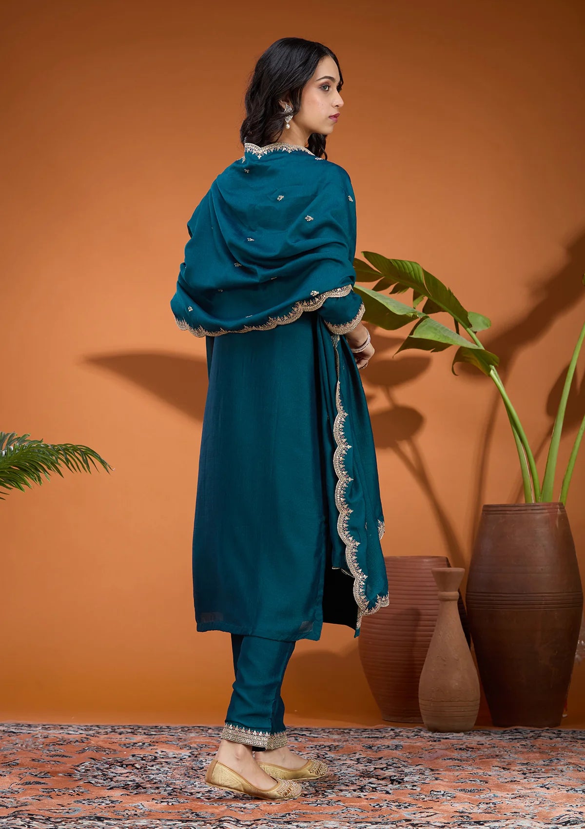 Teal Green Soft Raw Silk Gold Zariwork Straight Kurta With Pant Regular And Dupatta