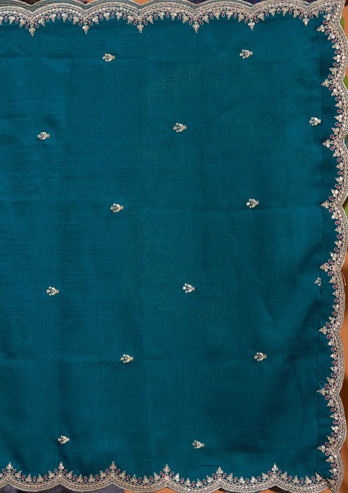 Teal Green Soft Raw Silk Gold Zariwork Straight Kurta With Pant Regular And Dupatta