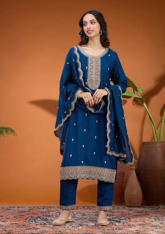 Peacock Blue Soft Raw Silk Gold Zariwork Straight Kurta With Pant Regular And Dupatta