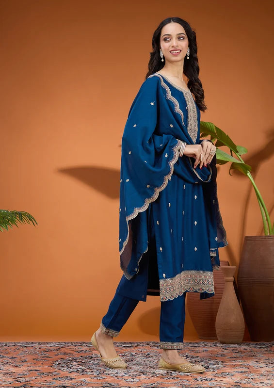 Peacock Blue Soft Raw Silk Gold Zariwork Straight Kurta With Pant Regular And Dupatta