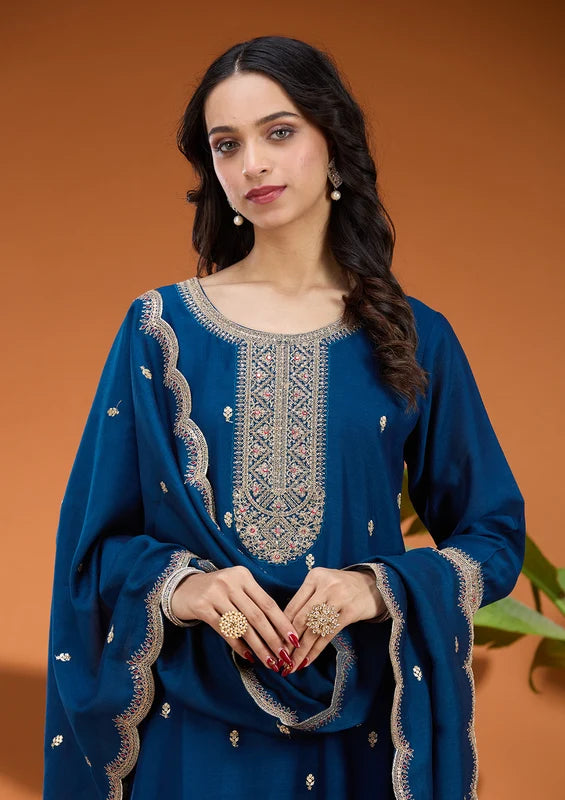 Peacock Blue Soft Raw Silk Gold Zariwork Straight Kurta With Pant Regular And Dupatta