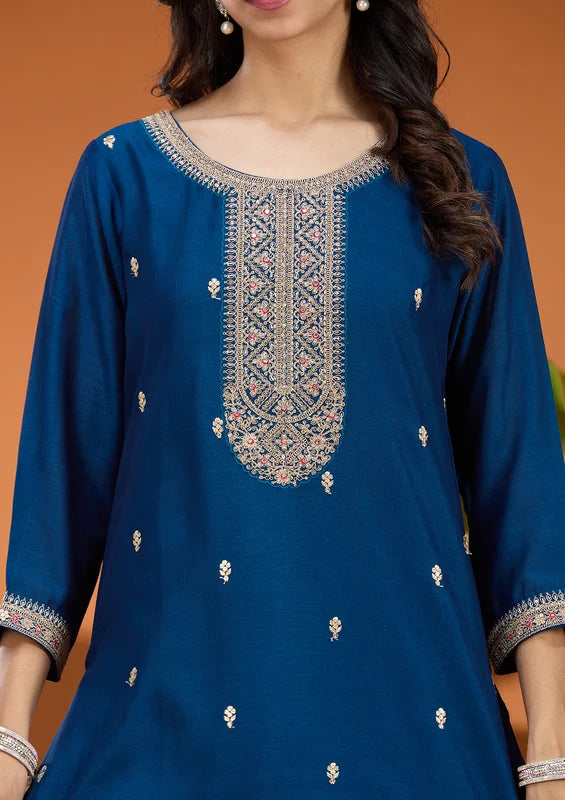 Peacock Blue Soft Raw Silk Gold Zariwork Straight Kurta With Pant Regular And Dupatta