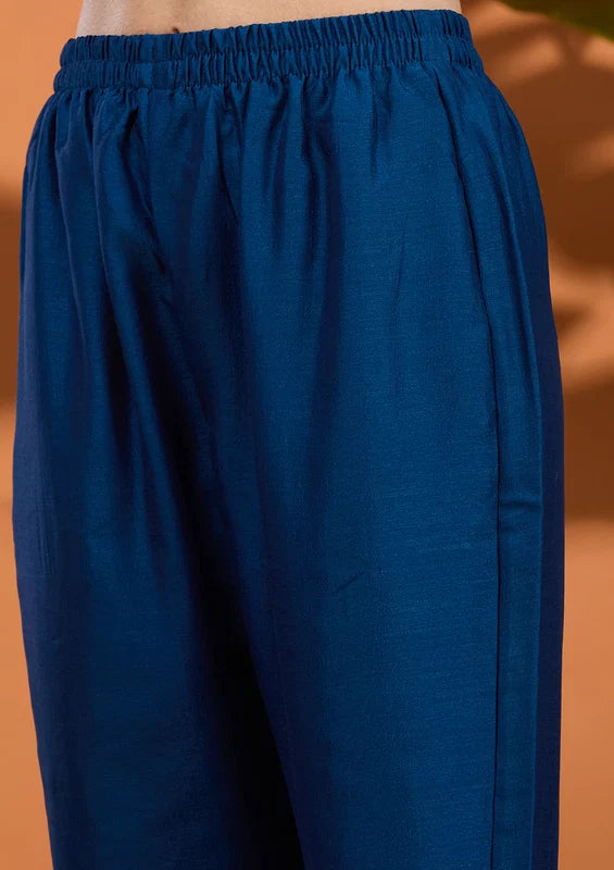 Peacock Blue Soft Raw Silk Gold Zariwork Straight Kurta With Pant Regular And Dupatta