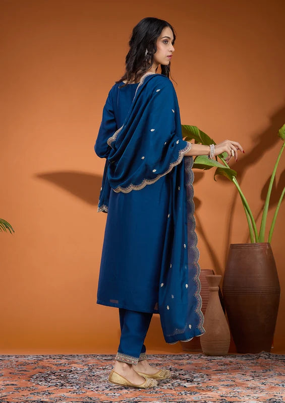 Peacock Blue Soft Raw Silk Gold Zariwork Straight Kurta With Pant Regular And Dupatta