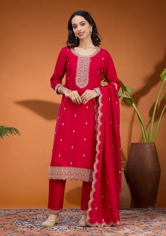 Rani Pink Soft Raw Silk Gold Zariwork Straight Kurta With Pant Regular And Dupatta