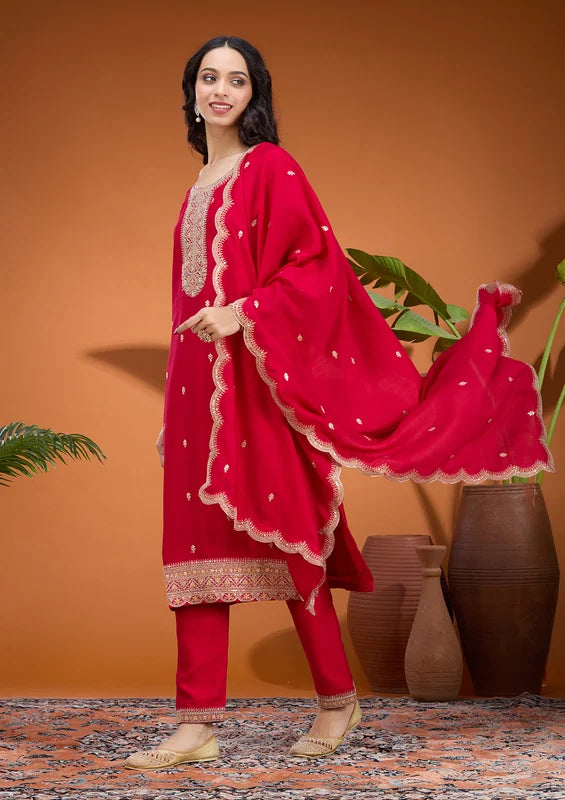 Rani Pink Soft Raw Silk Gold Zariwork Straight Kurta With Pant Regular And Dupatta