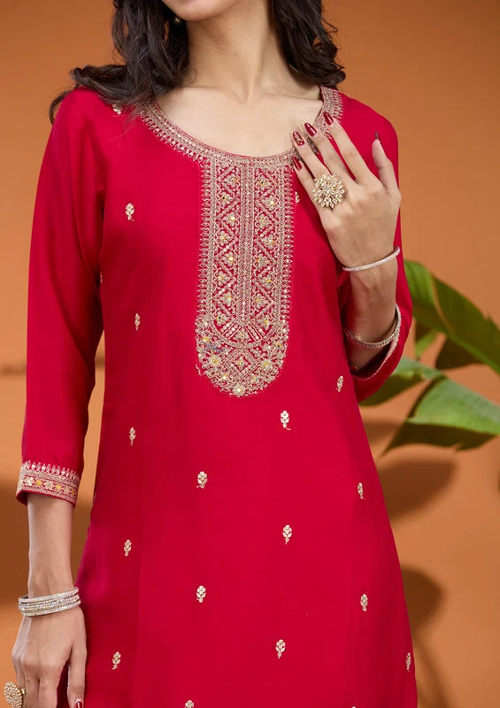 Rani Pink Soft Raw Silk Gold Zariwork Straight Kurta With Pant Regular And Dupatta